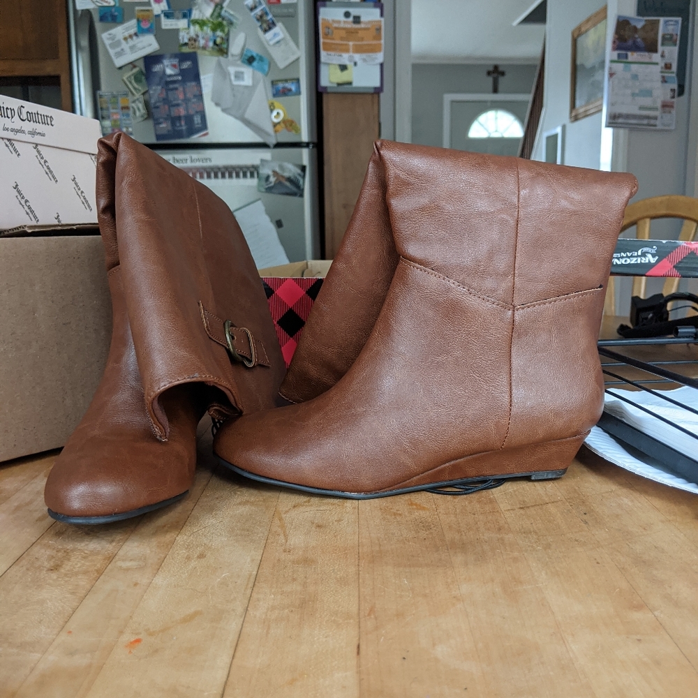 Brown Calf-length faux leather boots
